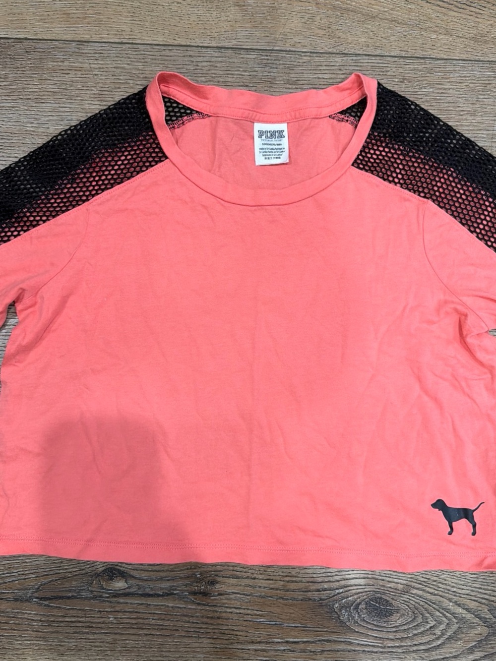 PINK Victoria's Secret Coral Crop Tee with Black Mesh Shoulders